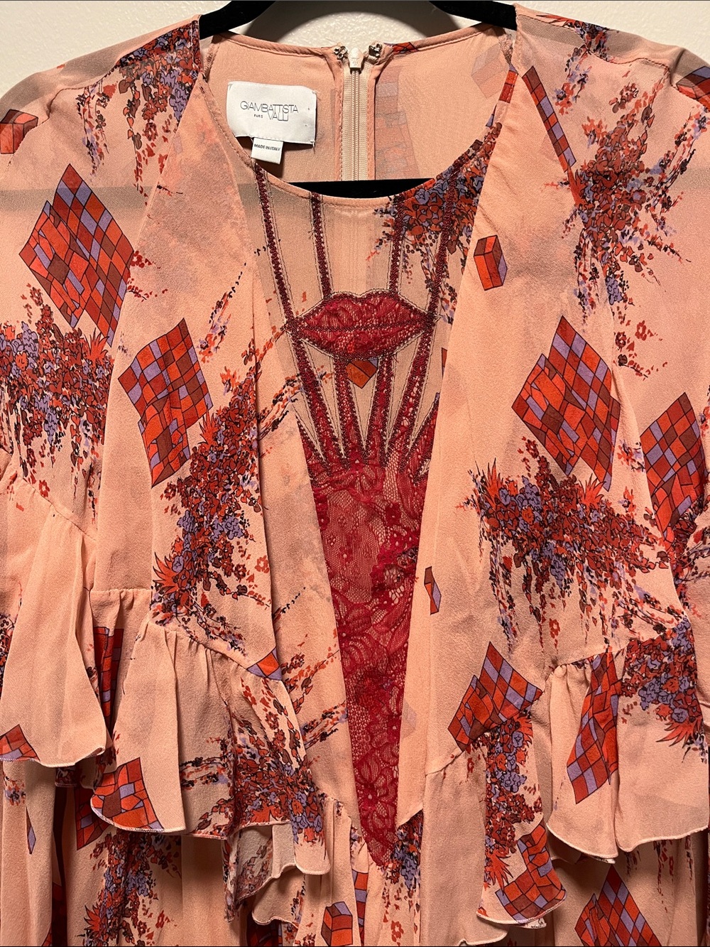GIAMBATTISTA VALLI SS19 100% Silk Lip Print Ruffle Maxi Dress | IT 48 / US 12 - Picture 7 of 13